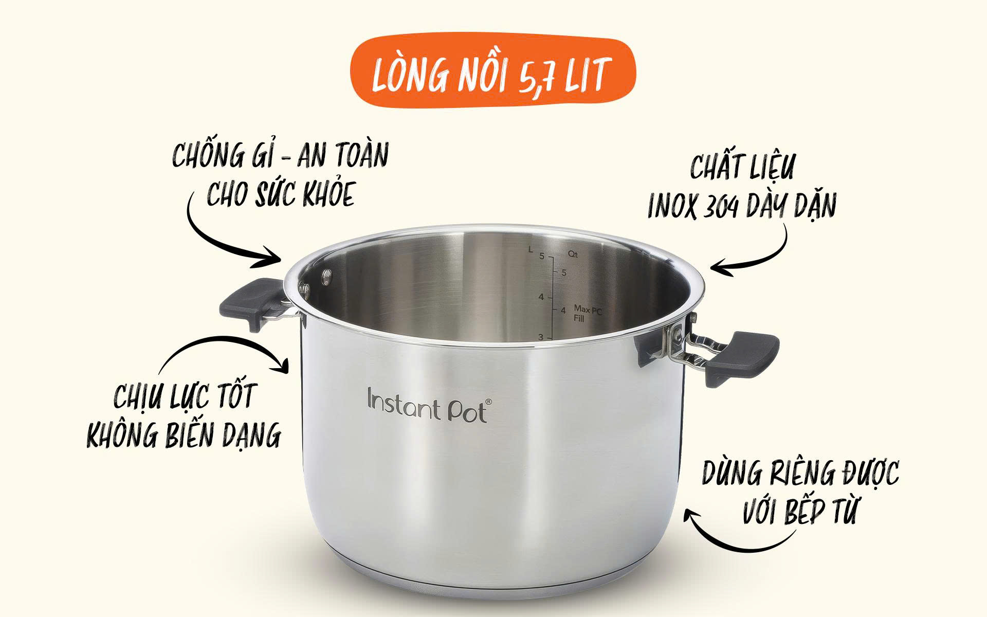 Lòng nồi Instant Pot bằng thép không gỉ 18/8 dày dặn, chịu áp suất cao, an toàn tuyệt đối